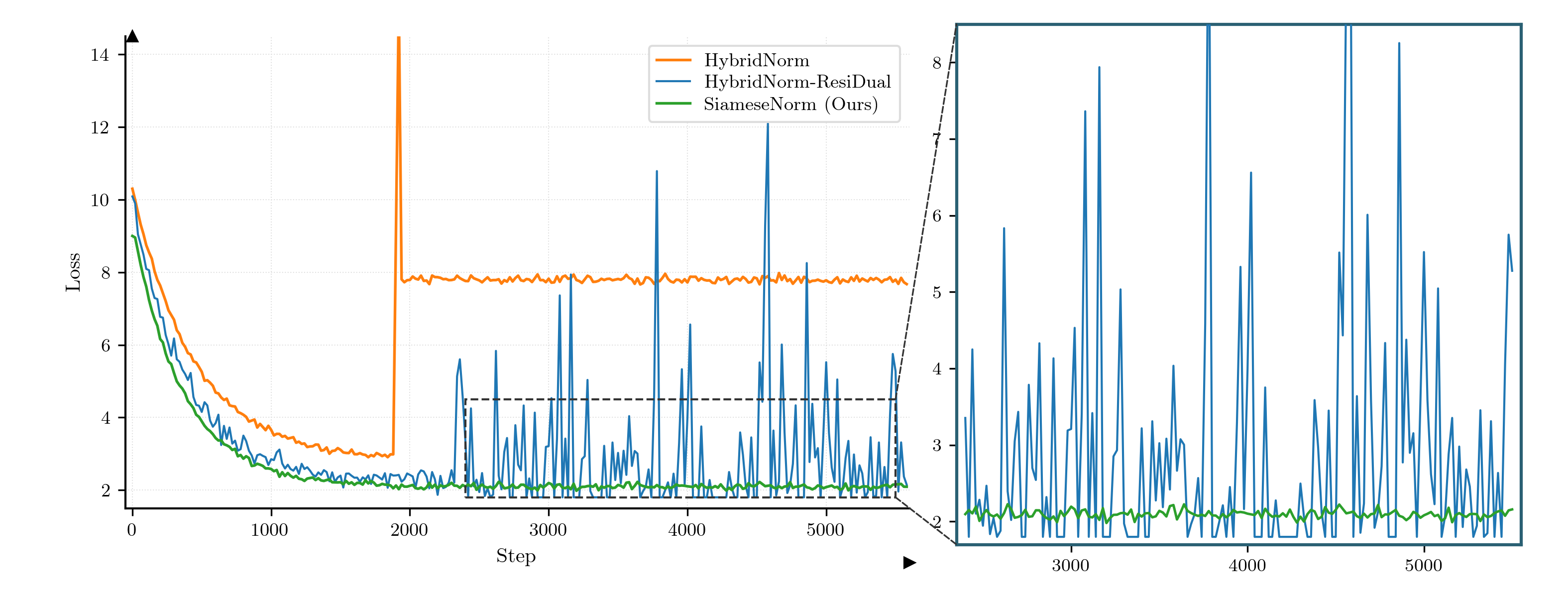 SiameseNorm · Loss curve with arrow axes and zoom inset